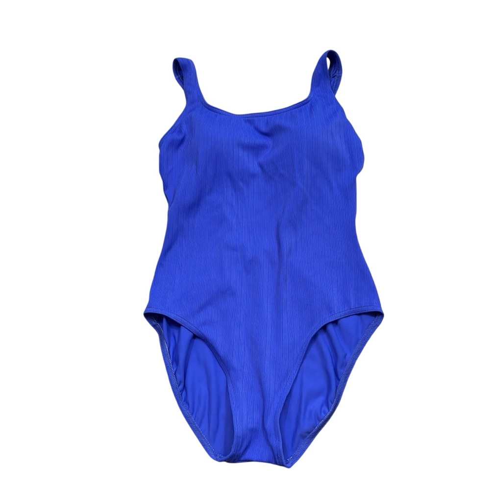 Ladies Vintage Baltex Brand Ribbed Blue High Cut One Piece Swim Suit Size 12‎
